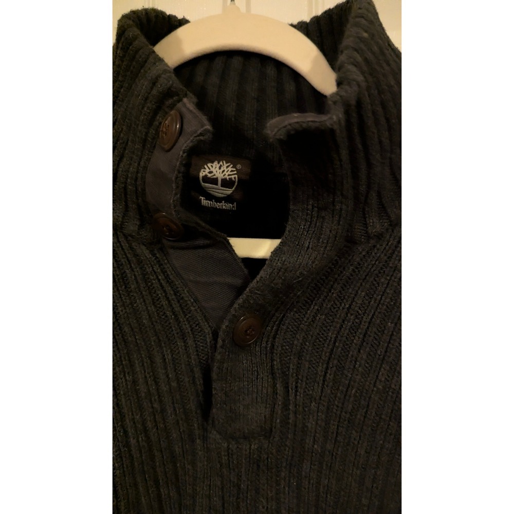 Timberland Sweater Mens XL Gray Ribbed Mock Neck Button Cotton Knit - Picture 3 of 8